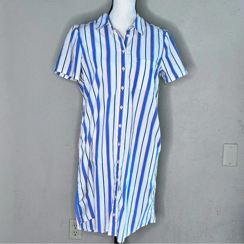 J Crew white blue striped cotton shirt dress